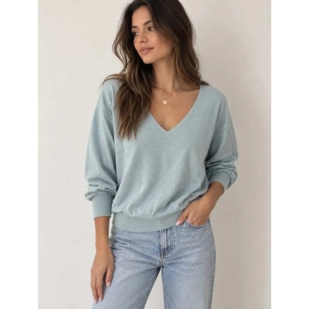 Line + Dot Womens Sky Blue V-Neck Puff Sleeve Knit Sweater Size S NWT